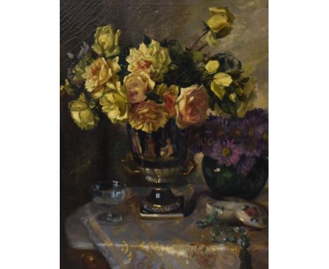 19th/20th Century Continental School, oil on canvas, A still life arrangement depicting two vases of flowers resting upon a c