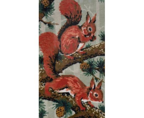 20th Century, needlework, Three wildlife studies of red squirrels, mallard ducks, and pheasants, all framed and under glass, 