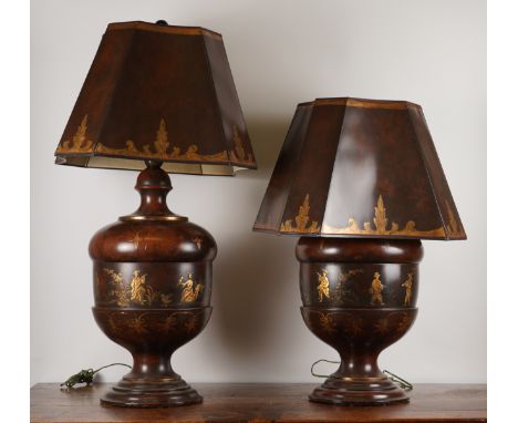 A PAIR OF CHINOISERIE GILT-DECORATED STAINED COMPOSITE WOOD TABLE LAMPS (2)ModernWith gilt figural decorative border, includi