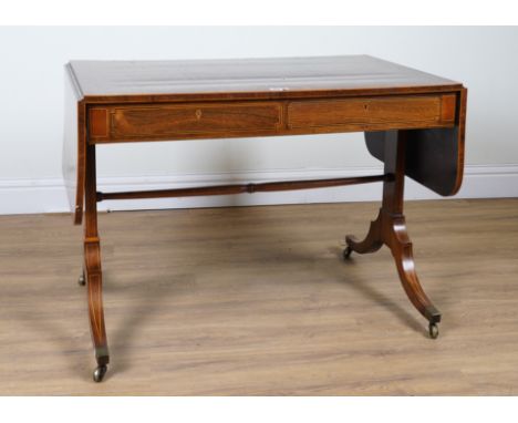 A REGENCY INLAID ROSEWOOD TWO DRAWER SOFA TABLE103cm wide; 165cm wide open; 66cm deep; 73cm high