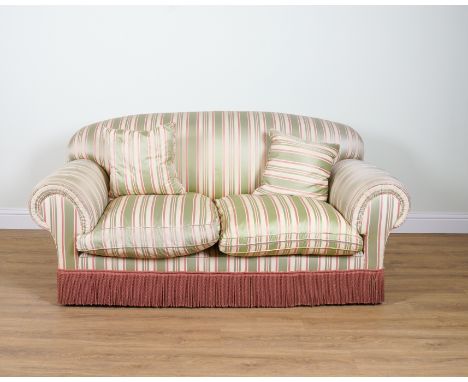 A TWO SEAT RUBELLI STRIPED SILK UPHOLSTERED SOFA190cm wide; 80cm highCondition report:&nbsp;Wear and dirt to the silk and som