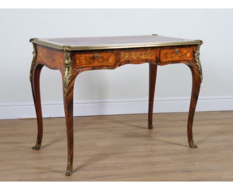 A LOUIS XV STYLE GILT METAL MOUNTED TULIP WOOD, KING WOOD, WALNUT AND ROSEWOOD BUREAU PLATWith two frieze drawers, 105cm wide