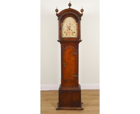 A GEORGE III OAK LONGCASE CLOCK WITH LATER WHITE PAINTED ARCHED DIALLate 18th/ Early 20th CenturyThe twin train movement stri