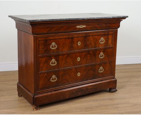 A LATE EMPIRE MARBLE TOP COMMODEWith mahogany five drawer base, 126cm wide; 56cm deep; 95cm high