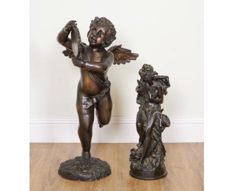 AFTER CARRIER-BELLEUSE (FRENCH 1824-1887): A CAST METAL FIGURAL SCULPTURE OF VENUS AND DOVES; TOGETHER WITH ANOTHER SCULPTURE