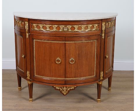 A LOUIS XVI STYLE MARBLE TOPPED DEMI-LUNE COMMODEWith gilt metal mounted mounted mahogany base, 116cm wide; 54cm deep; 91cm h