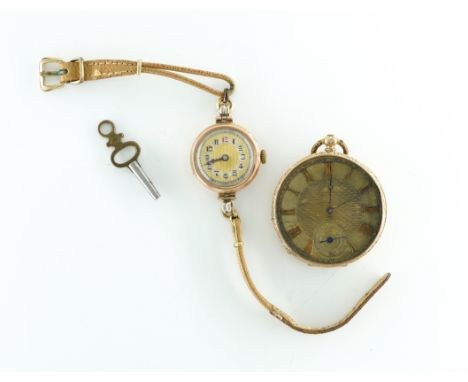 A GOLD CASED OPENFACED FOB WATCH AND A LADIES 9CT GOLD CASED WRISTWATCH (2)The fob watch with a gilt cylinder movement, gilt 
