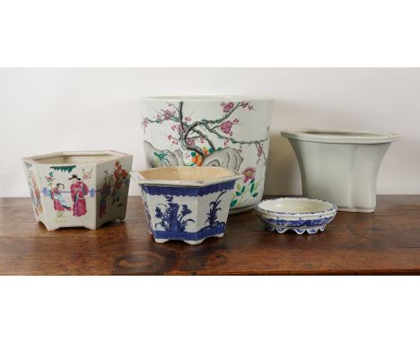 A CHINESE FAMILLE-ROSE JARDINIÈRE (5)ModernDecorated with rock work and other natural forms, 30cm high; Together with four ot