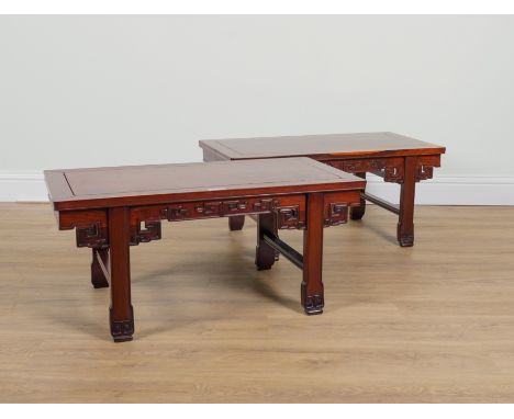 A PAIR OF CHINESE HARDWOOD AND BURR WOOD LOW TABLES (2)91cm wide; 46cm deep; 41cm highGood overall condition some light surfa