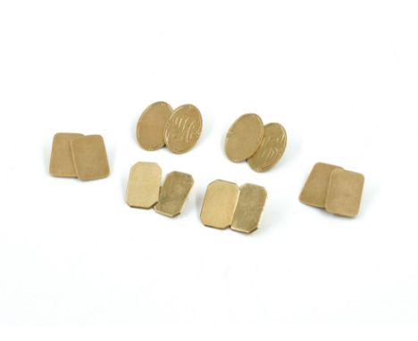 THREE PAIRS OF 9CT GOLD CUFFLINKS (3)Comprising; the first with plain rectangular backs and fronts, Birmingham 1937, the seco