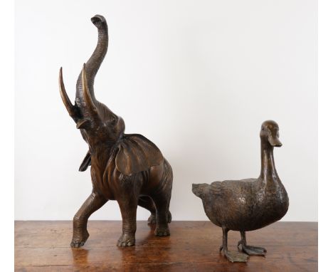 A CAST PATINATED METAL MODEL OF A DUCK AND ANOTHER OF AN ELEPHANT (2)Modern Each naturalistically chased and modelled, the du