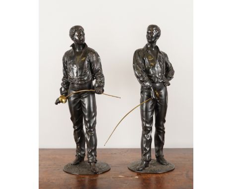 A PAIR OF FRENCH SPELTER FIGURES OF FENCERS CAST AFTER A MODEL BY RENE CHARLES MASSE (2)Late 20th Century Each with gilt meta