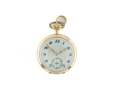 A LADY'S GOLD CASED KEYLESS WIND OPENFACED FOB WATCHWith an unsigned gilt jewelled lever movement, the enamelled dial with Ar