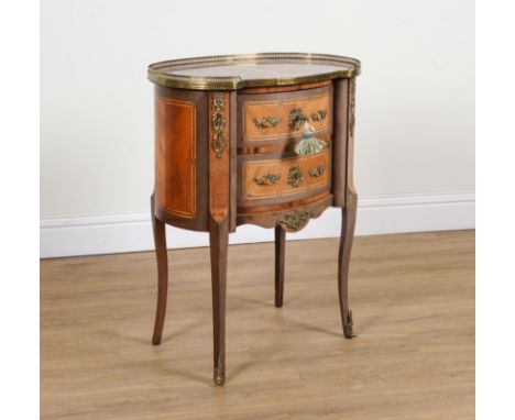 AN 18TH CENTURY STYLE FRENCH MARBLE TOP OVAL PETITE COMMODEWith gilt metal mounted  inlaid mahogany two drawer base, 62cm wid