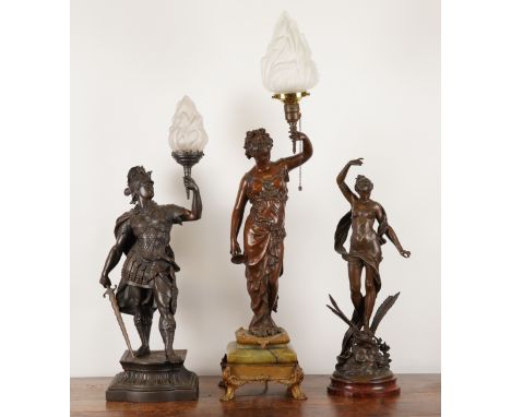 AFTER CHARLES GEORGES FERVILLE-SUAN: A FRENCH SPELTER FIGURE 'LE TRIOMPHE DU PRITEMPS'; TOGETHER WITH TWO SPELTER FIGURAL LAM