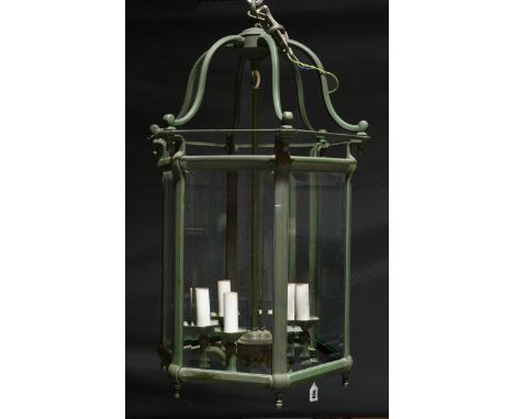 A VERDI GRIS PATINATED HEXAGONAL HALL LANTERNModernWith suspension rod supporting six light fittings, 78.5cm high