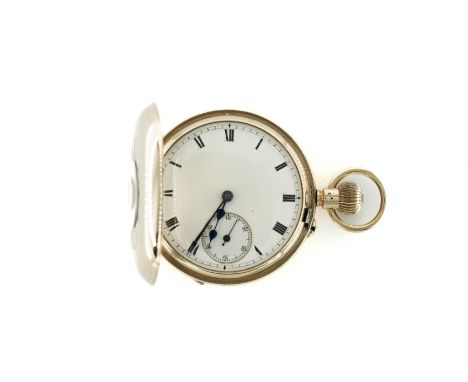 A 9CT GOLD CASED HALF HUNTING CASED GENTLEMAN'S POCKET WATCHWith an unsigned gilt three quarter plate jewelled lever movement