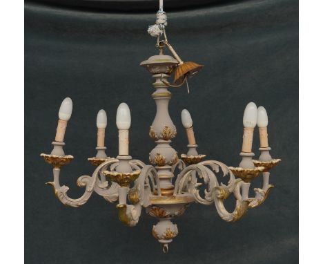 A LOUIS XVI STYLE GILT GESSO AND WOOD GREY PAINTED SIX LIGHT CHANDELIERModernThe grey painted gesso chandelier, applied with 