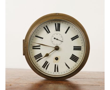 A BRASS CASED SINGLE FUSÉE WALL CLOCKUnsigned white 6 1/4in. dial with subsidiary seconds dial, with associated winding key (