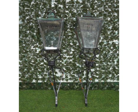 A PAIR OF VICTORIAN STYLE COPPER AND IRON GAS LANTERNS ON BRACKETS (2)20th CenturyBoth with label for ‘Foster & Pullen’, 163c