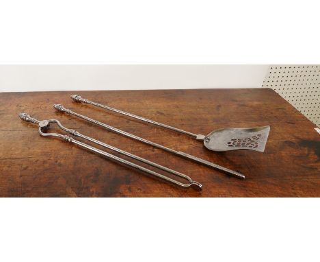 A GEORGE III STYLE THREE PIECE SET OF POLISHED STEEL FIRE TOOLS (3)Late 19th/Early 20th CenturyComprising poker, coal tongs a