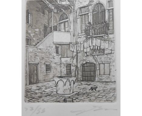 20thC School. Courtyard interior, block print, indistinctly signed and numbered, 9cm x 8cm, various other prints, pictures, f