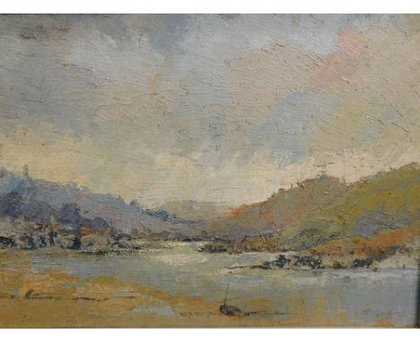 R Goldie (?) (20thC). River before mountains on a summer's day, oil on canvas, indistinctly signed, 24cm x 33cm. 
