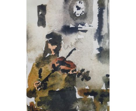 Val Byrne (b.1936). The Fiddle Player, artist signed print, signed and titled to the mount, 38cm x 27cm. Artist printed label