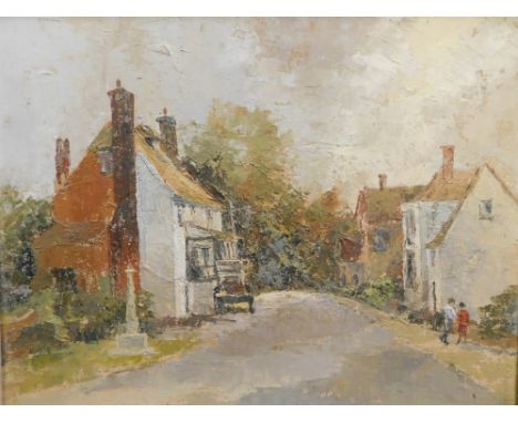 R. Goldie (?) (20thC). Children on a path before cart and houses, oil on board, indistinctly signed, 39cm x 50cm. 