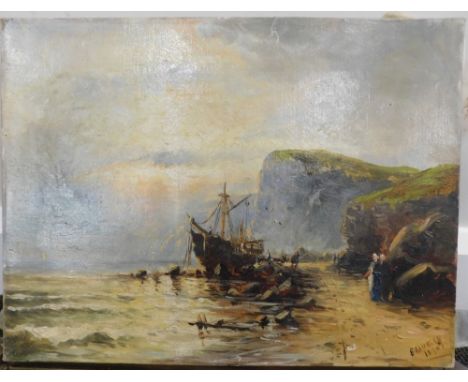 Edward Duncan (1803-1882). Seascape, boat on a shore line before hills, oil on canvas, signed and dated 1890, 33cm x 41cm. 