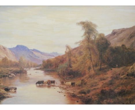 After De Breanski. Highland scene, cattle in a stream before mountains, print, 52cm x 75cm. 