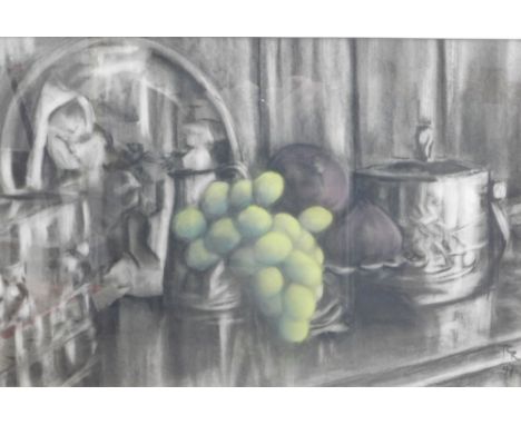Terence C. Rees (b.1936). Evening Light, still life, charcoal, with colouring, initialled, 41cm x 63cm. Signed with label ver