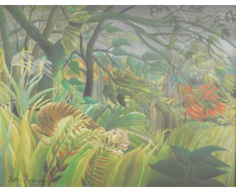 After Rousseau. Jungle landscape, creeping tiger, print, 48cm x 59cm. 