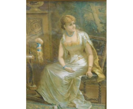 An early 20thC gesso frame, with elaborate scroll and floral border, 76cm x 58cm, containing after Bowkett, lady in an interi