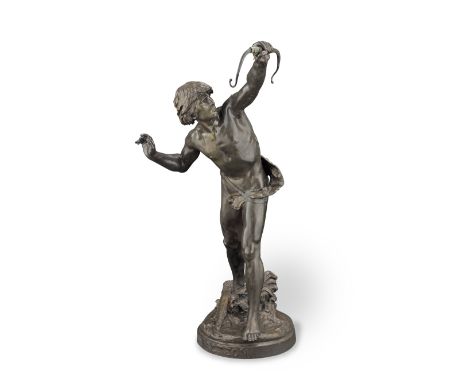 Emile Laporte (1858-1907): A patinated bronze figure of Actaeonthe semi-clad male figure holding a bow in one hand, a quiver 