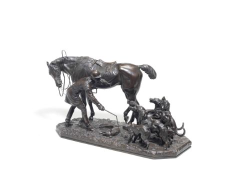 John Willis Good (British, 1845-1879): A rare patinated bronze equestrian model of a huntsman with his hounds and a foxthe di