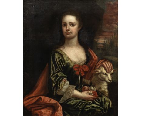 English School, 18th CenturyPortrait of a girl, seated three-quarter length, with a lamb before a landscape oil on canvas76.4