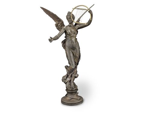 Eugen Marioton (French, 1854-1925): A patinated and parcel gilt bronze figure entitled 'L'Inspiration (Inspiration)'the winge