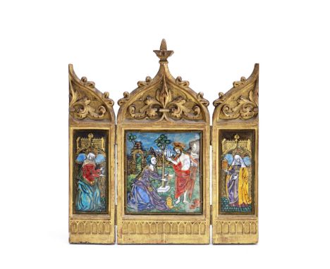 A 19th century French Limoges enamel and brass mounted triptych depicting three female saintsthe central rectangular panel fl