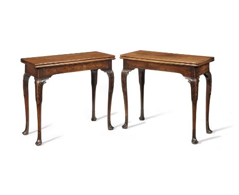 A pair of 19th century mahogany card tablesin the Irish George II/III styleEach with a plain hinged top enclosing a baize pla