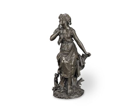 Hippolyte Francois Moreau (French, 1832-1927): A patinated bronze figure of 'The Song of the Lark'formed as a rustic maiden s
