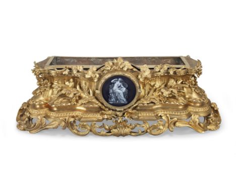 A mid 19th century French gilt bronze and Pâte-sur-pâte style porcelain inset jardinierein the Louis XV taste, the porcelain 