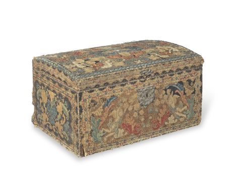 A George II gros and petit-point needlework clad trunk or cofferCirca 1755, of domed form, decorated with flowers, acanthus f