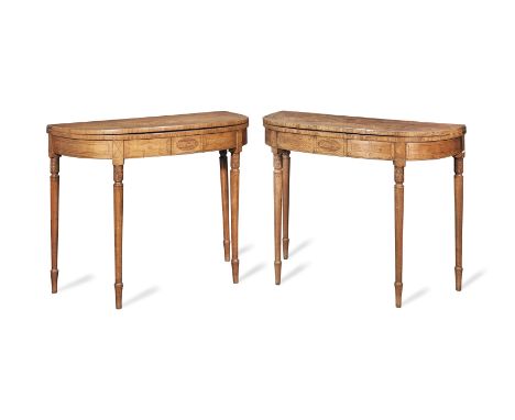 A pair of late George III satinwood and purpleheart inlaid D-shaped card tablesCirca 1800, each with stringing, the hinged to
