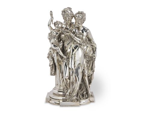 After Albert Carrier-Belleuse (French, 1824 -1887): A silvered bronze figural group of two classical maidens and a puttothe f