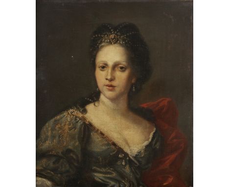 Follower of Jean-Baptiste Santerre (Magny-en-Vexin 1651-1717 Paris)Portrait of a lady, bust-length, in a blue dress, red wrap