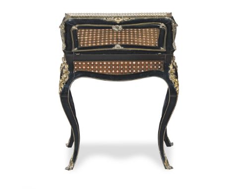 A Napoleon III gilt bronze mounted mother of pearl and brass inlaid rosewood, ebony and parquetry bureau de damepossibly by C