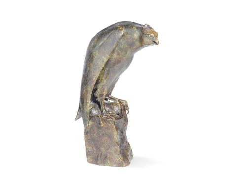 Jonathan Knight (British, b. 1959): A patinated bronze model of an ospreythe predatory bird perched on a rocky outcrop, signe