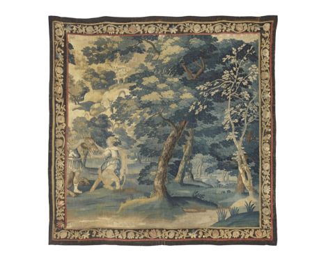 A mythological tapestry fragmentprobably Aubusson, late 17th centurydepicting Atlanta receiving the Calydonian Boar's head fr