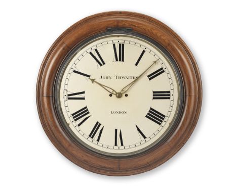 A large late 19th century oak striking wall clockthe dial signed John Thwaites, Londonthe 17' painted Roman dial with minute 